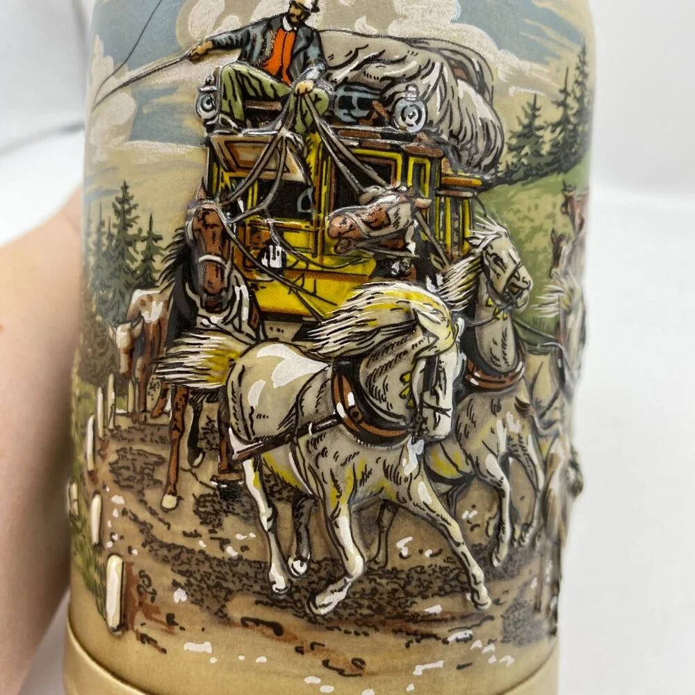 VTG German Beer stein‎ mug tankard 3D image Stage coach horses western theme